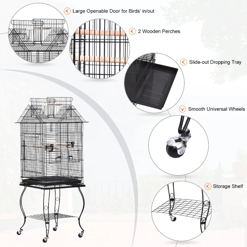 Pawhut Metal Bird Cage 51x51x135 cm-Black