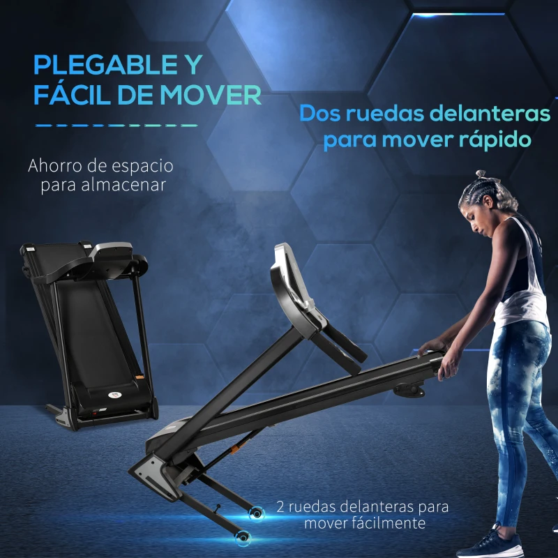 HOMCOM Cinta de Correr Cinta Estática de Correr Plegable Velocidad hasta 12,8 km/h con 12 Programas Superficie Grande 122x40 cm Pantalla LED Portabotellas Ritmo Cardiaco y Ruedas 142x66x127 cm Negro
