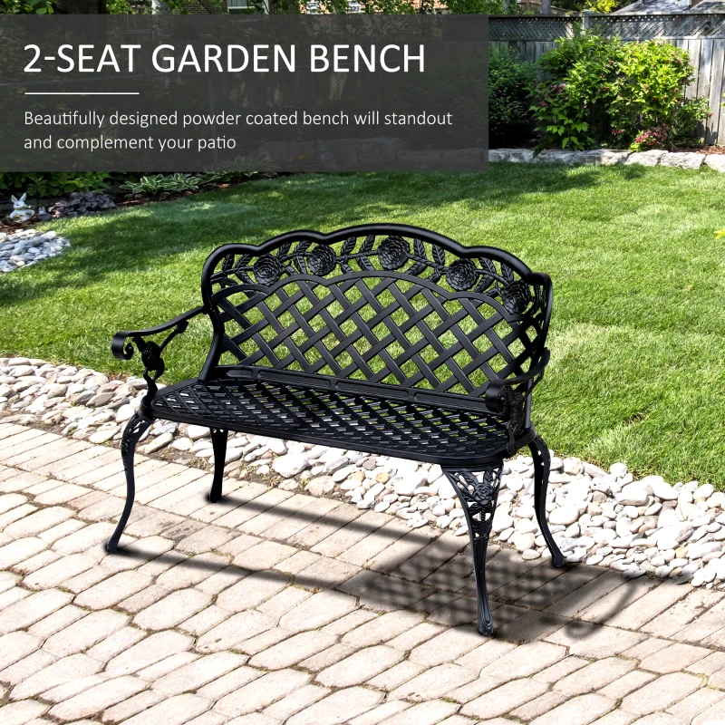 Outsunny Cast Aluminium Garden Bench - Outdoor Patio 2 Seater High Back Chair with Armrest, Antique Style, Black
