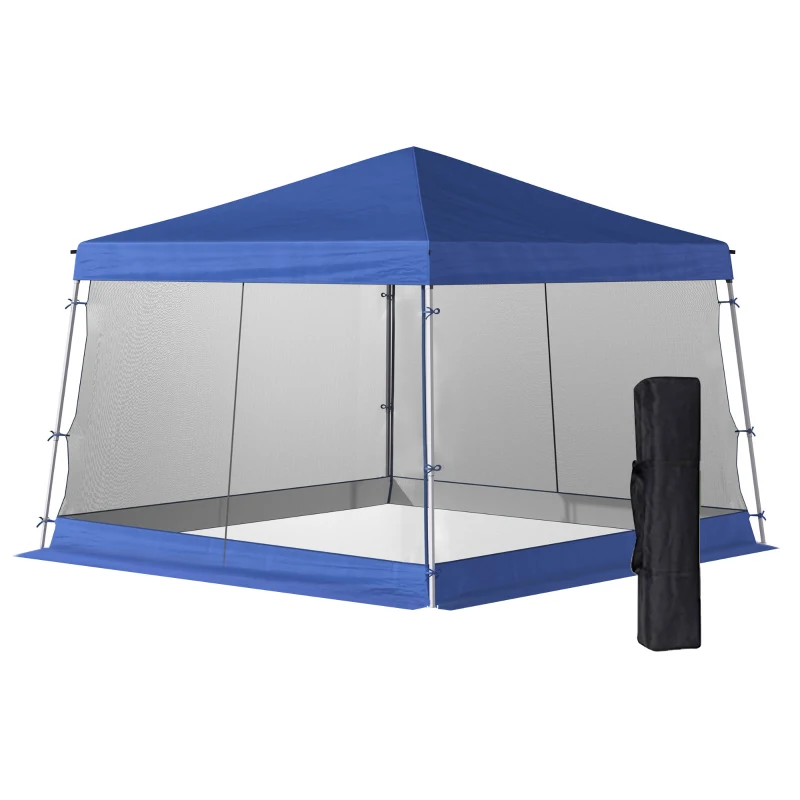 Outsunny Outdoor Garden Pop-up Gazebo Canopy Tent Sun Shade Event Shelter Folding with Adjustable Height, Mesh Screen Side Walls 3.5 M × 3.5 M Base / 3 M × 3 M Top, Blue