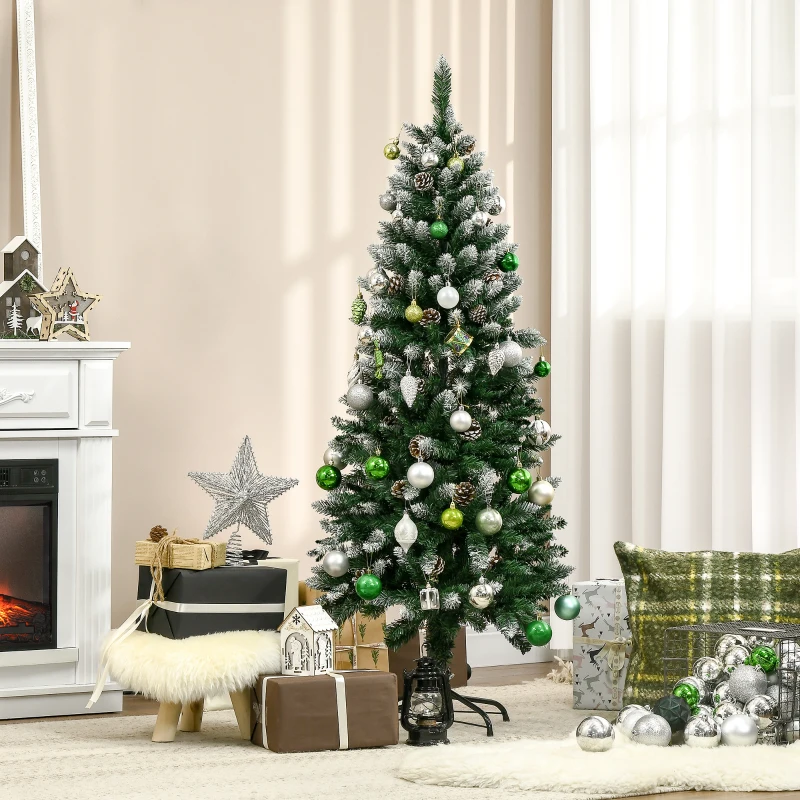 HOMCOM 5 Ft Snow Artificial Christmas Tree with Realistic Branches, Pine Cone, for Indoor Decoration, Green White