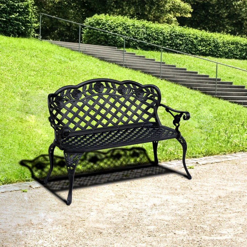 Outsunny Cast Aluminium Garden Bench - Outdoor Patio 2 Seater High Back Chair with Armrest, Antique Style, Black