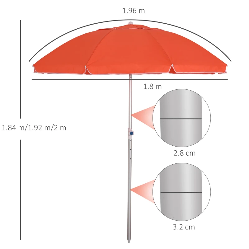 Outsunny 2m Arced Beach Umbrella, Portable Parasol with Tilt and Adjustable Height, Carry Bag, Outdoor Sunshade Shelter with 8 Fibreglass Ribs, Orange