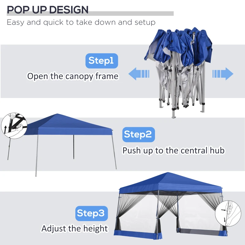 Outsunny Outdoor Garden Pop-up Gazebo Canopy Tent Sun Shade Event Shelter Folding with Adjustable Height, Mesh Screen Side Walls 3.5 M × 3.5 M Base / 3 M × 3 M Top, Blue