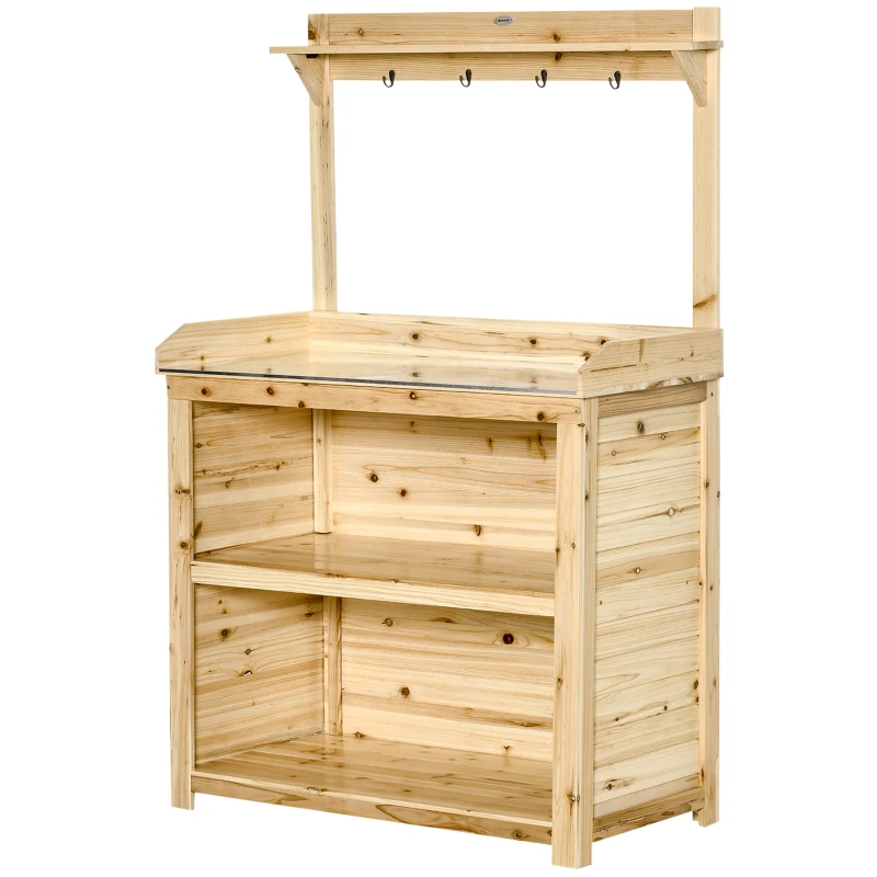 Outsunny Garden Potting Bench Table, Wooden Workstation Bench w/ Galvanized Metal Tabletop, Storage Shelves and Hooks, Natural