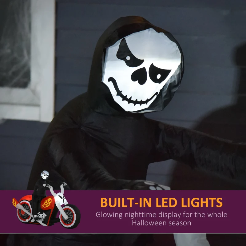 HOMCOM 1.8m Giant Inflatable Grim Reaper Motorcycle Halloween Decoration Ghost Flaming with LED Outdoor Air Blown Holiday Décor