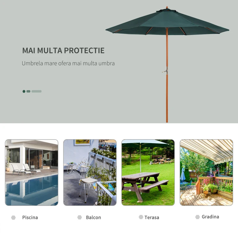 Outsunny umbrela de gradina, suport lemn, 270x250 cm, verde