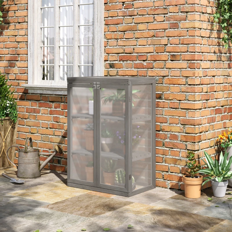 Outsunny 3-tier Cold Frame with Openable Top Cover and Double Doors, Garden Wooden Greenhouse with Storage Shelf, Polycarbonate Grow House for Plants, Flowers, Dark Grey