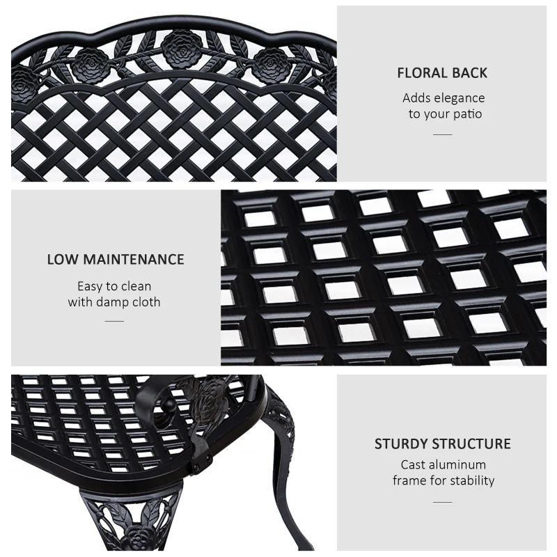 Outsunny Cast Aluminium Garden Bench - Outdoor Patio 2 Seater High Back Chair with Armrest, Antique Style, Black
