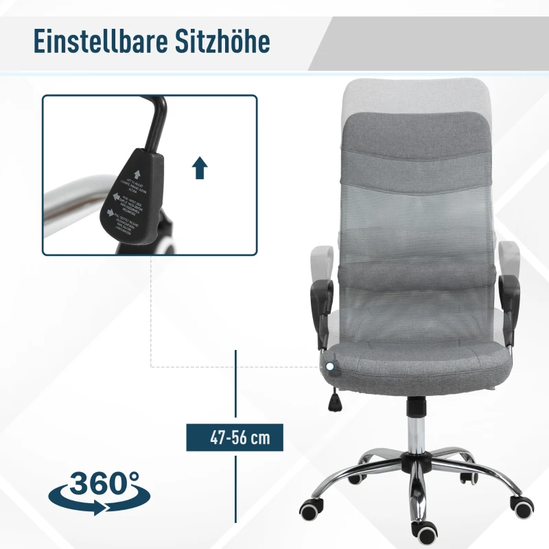 Vinsetto Bürostuhl, Gamingstuhl, Stuhl mit Rollen, Ergonomischer Drehstuhl, Sitzhöhenverstellung , Schaumstoff, Leinen, Grau, 58,5  x 66  x 115-124  cm