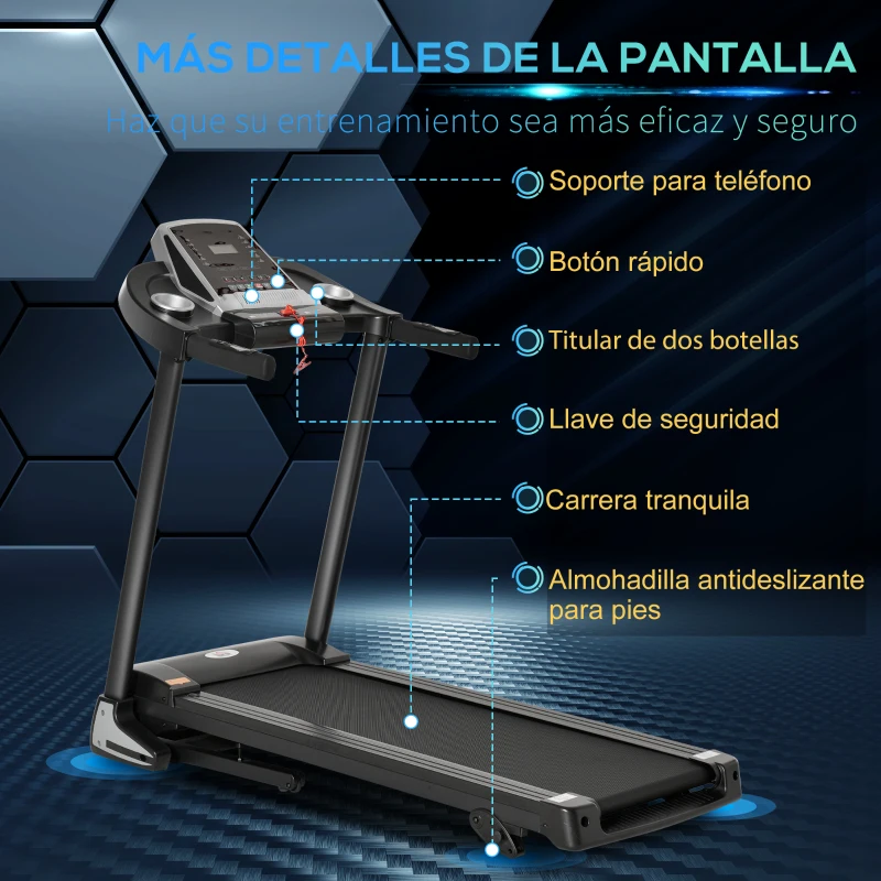 HOMCOM Cinta de Correr Cinta Estática de Correr Plegable Velocidad hasta 12,8 km/h con 12 Programas Superficie Grande 122x40 cm Pantalla LED Portabotellas Ritmo Cardiaco y Ruedas 142x66x127 cm Negro