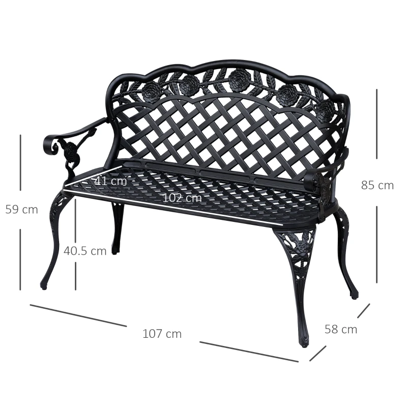 Outsunny Cast Aluminium Garden Bench - Outdoor Patio 2 Seater High Back Chair with Armrest, Antique Style, Black