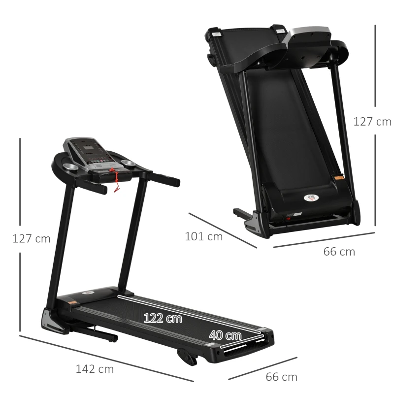 HOMCOM Cinta de Correr Cinta Estática de Correr Plegable Velocidad hasta 12,8 km/h con 12 Programas Superficie Grande 122x40 cm Pantalla LED Portabotellas Ritmo Cardiaco y Ruedas 142x66x127 cm Negro