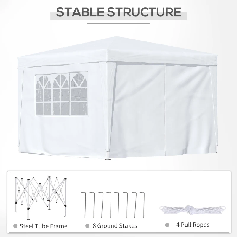 Outsunny 3 x 3 m Garden Pop Up Gazebo, Wedding Party Tent Marquee, Water Resistant Awning Canopy with Sidewalls, Windows, Carry Bag, White