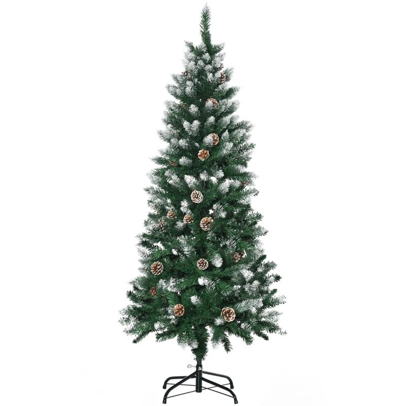 HOMCOM 5 Ft Snow Artificial Christmas Tree with Realistic Branches, Pine Cone, for Indoor Decoration, Green White