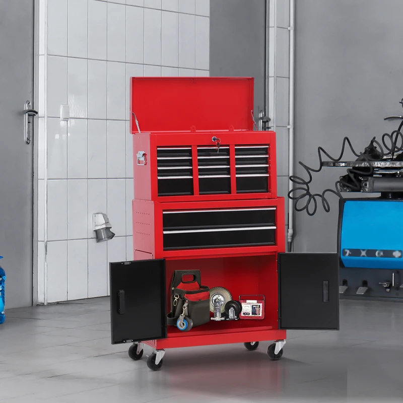 HOMCOM Tool Chest, Metal Tool Cabinet on Wheels with 6 Drawers, Pegboard, Top Chest and Roller Cabinet Combo, 61.6 x 33 x 108cm, Red