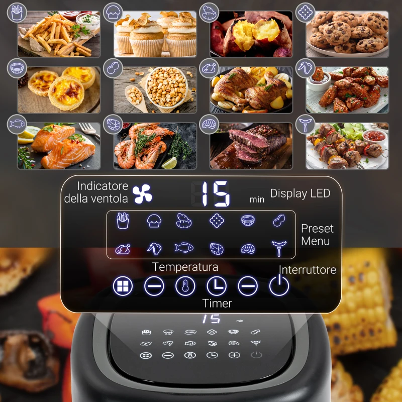 HOMCOM Friggitrice ad Aria 12 in 1 da 3 Litri 1300W, con 12 Programmi, Accessori e Schermo LED Nera