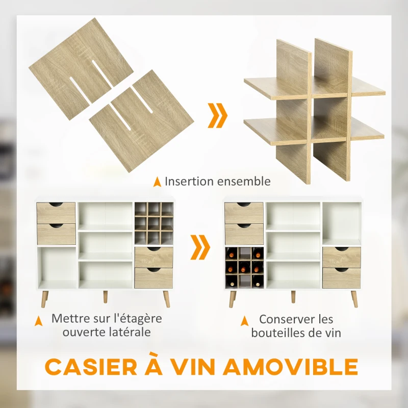 HOMCOM Buffet design scandinave 4 tiroirs 4 niches range bouteilles