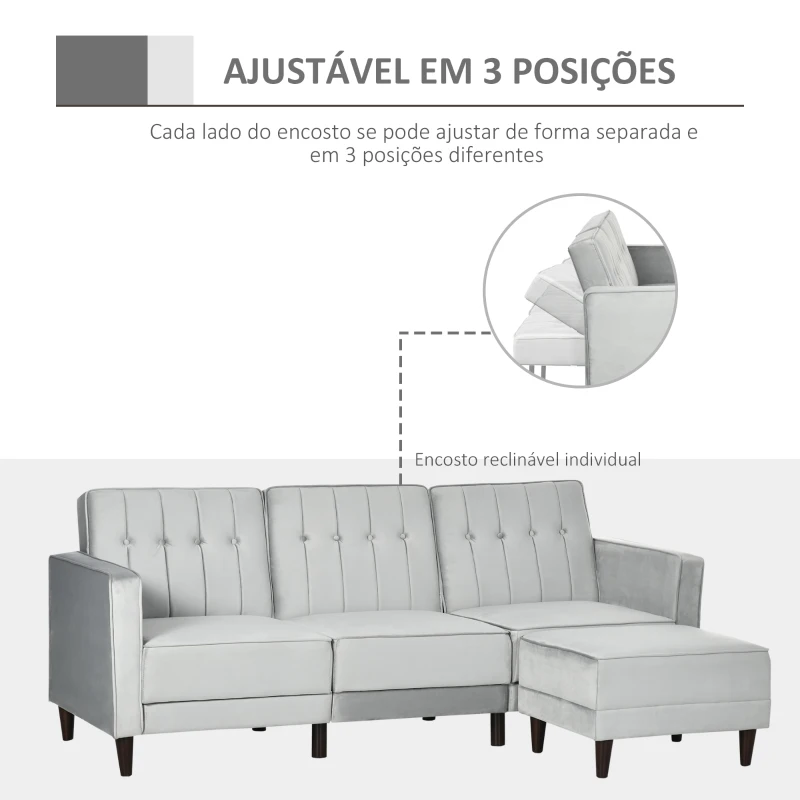 HOMCOM Sofá Cama com Chaise Longue 3 Lugares Tato Aveludado com Encosto Ajustável e Apoio para os Pés 218x85x86cm Cinza