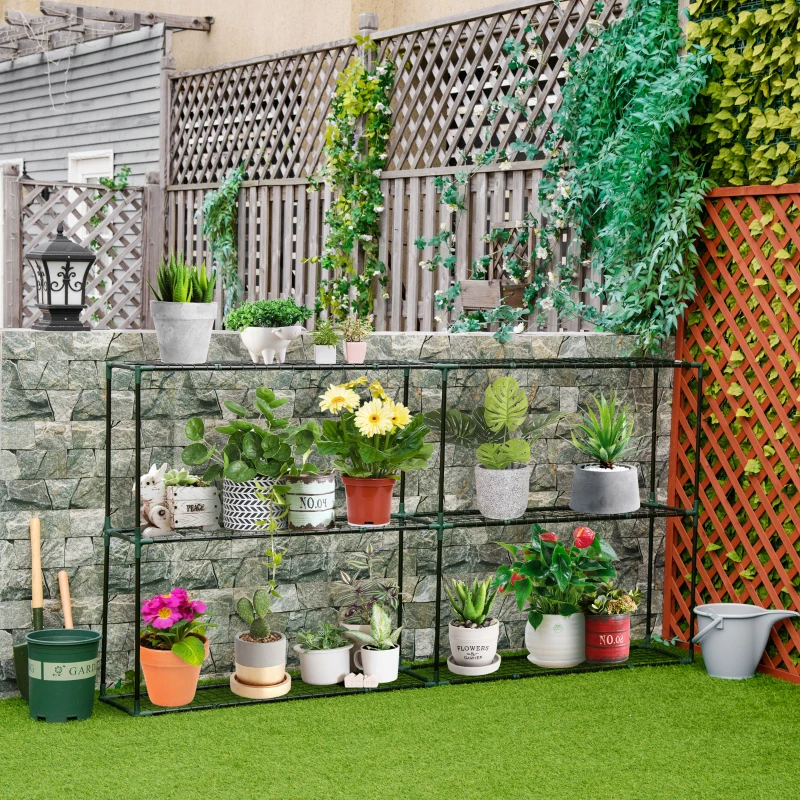 Outsunny 222L x 30W x 114H cm 3 Tier Metal Plant Stand, Greenhouse Staging Flower Pot Shelf, Flower Display Shelf, Storage Rack for Outdoor Indoor Garden Balcony Garage