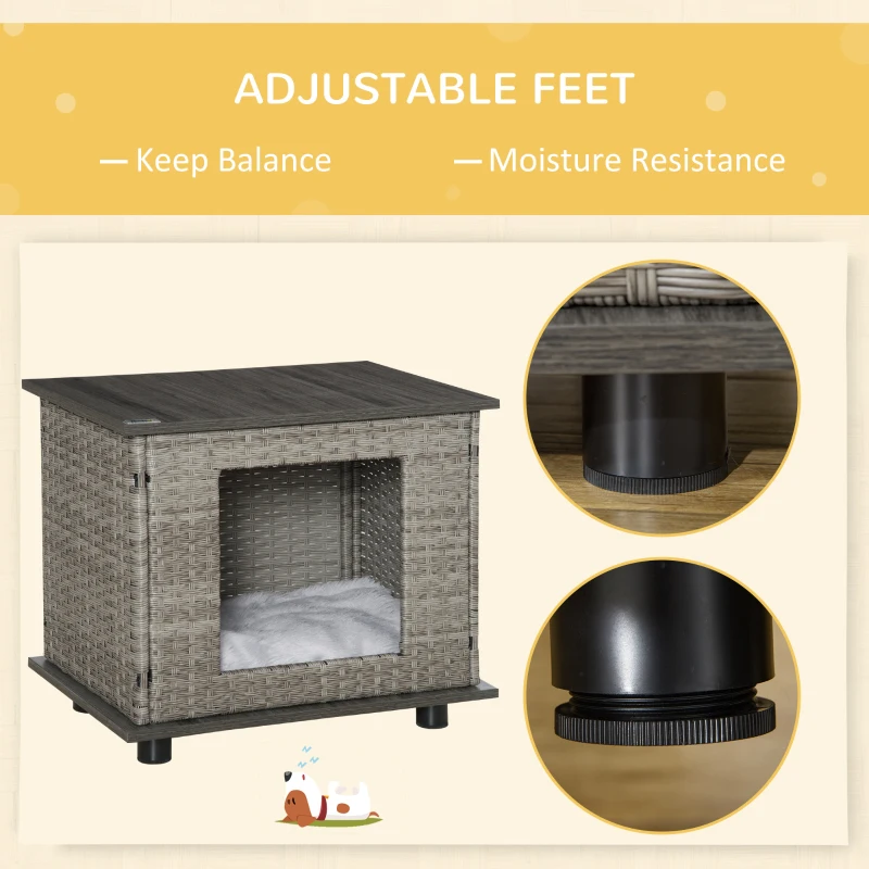 PawHut Wicker Dog House End Table Furniture, Rattan Pet Cat  Bed with Soft Cushion, Adjustable Feet, for X-Small Dogs 60 x 44 x 51.5 cm