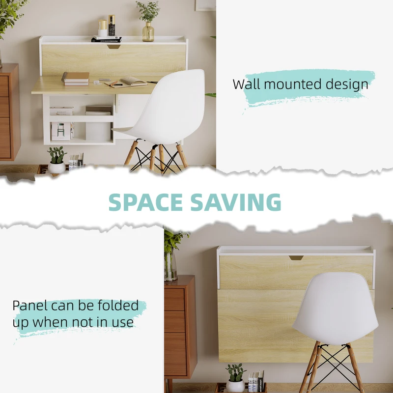 HOMCOM Birou suspendat, pliabil cu compartimente de depozitare pentru spatii mici, alb