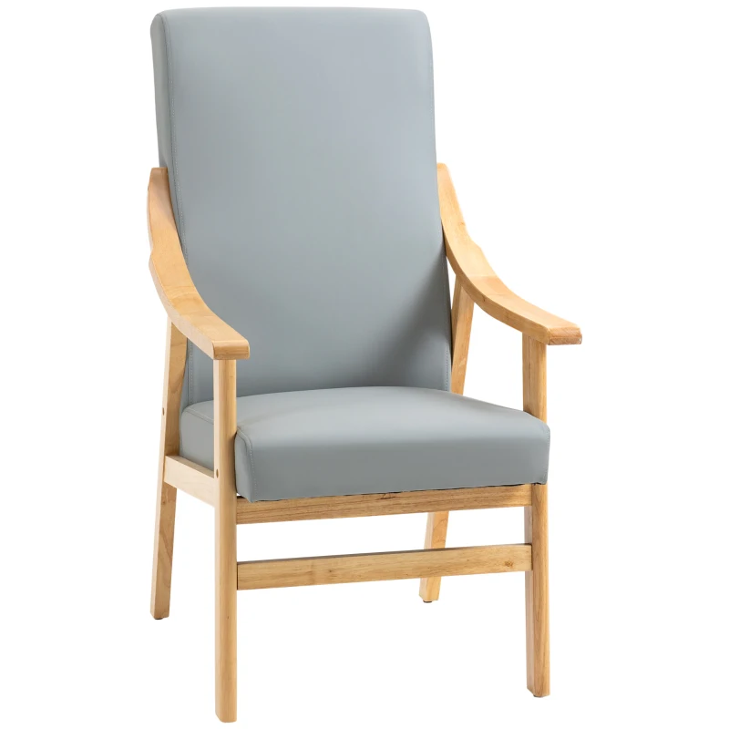 HOMCOM Poltrona de Estilo Nórdico com Encosto Alto Estofada em PU com Apoio para os Braços e Estrutura de Madeira 62x75x115cm Cinza e Madeira
