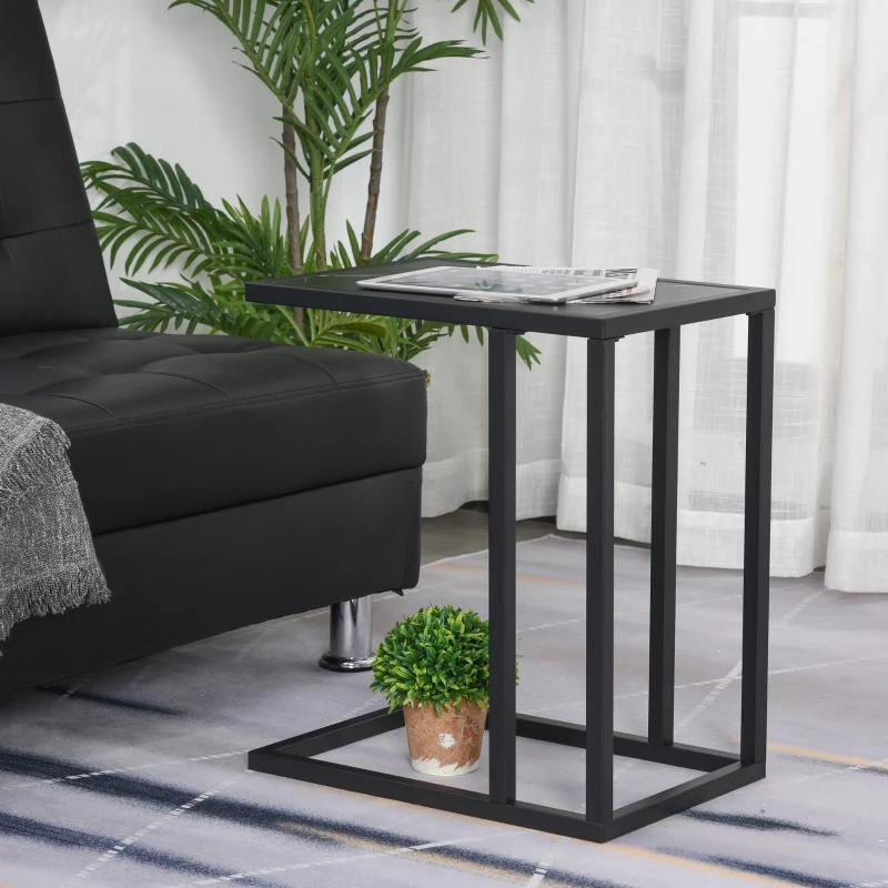 HOMCOM C Shape Bedside Table w/Metal Frame Marble-Effect Top Sofa Narrow Snack End Table for Living Room, Black