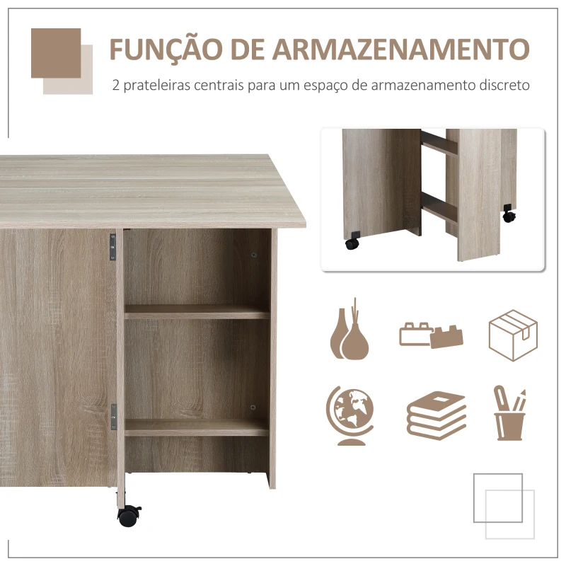 HOMCOM Mesa de Sala de Jantar Dobrável de Madeira com 2 Prateleiras de Armazenamento e Rodas para Cozinha 80x140x74 cm Madeira