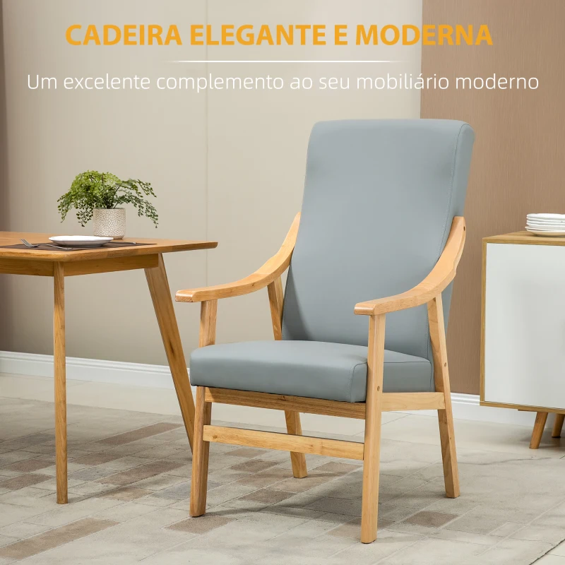 HOMCOM Poltrona de Estilo Nórdico com Encosto Alto Estofada em PU com Apoio para os Braços e Estrutura de Madeira 62x75x115cm Cinza e Madeira