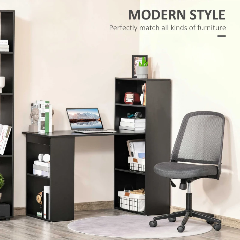 HOMCOM 120cm Modern Computer Desk Bookshelf Writing Table Workstation 6 Shelves - Black(m-4)