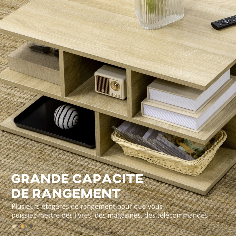 HOMCOM Table basse salon table basse carrée table de salon 2 niveaux avec espace de rangement 70 x 70 x 36,5 cm bois naturel