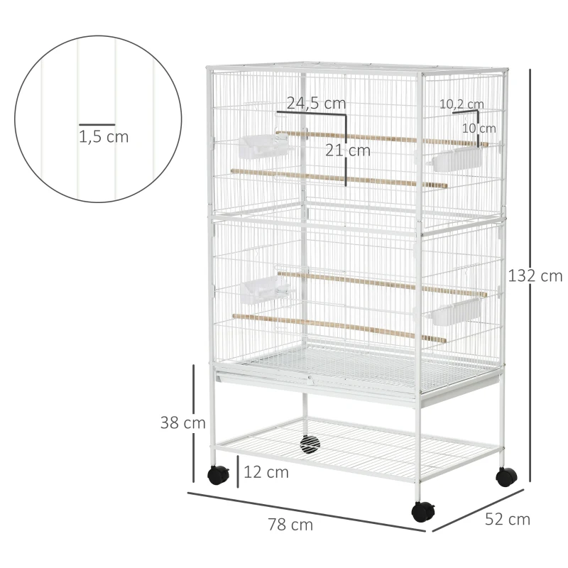 PawHut Gaiola para Pássaros com Rodas Bandeja Amovível 4 Portas Comedouros e Prateleira de Armazenamento 78x52x132cm Branco