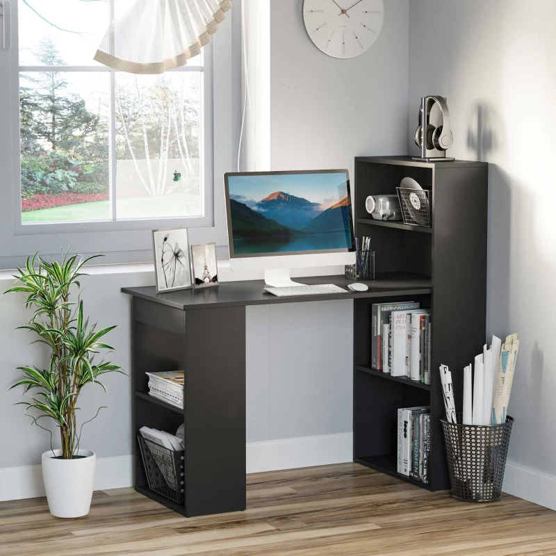 HOMCOM 120cm Modern Computer Desk Bookshelf Writing Table Workstation 6 Shelves - Black(m-10)