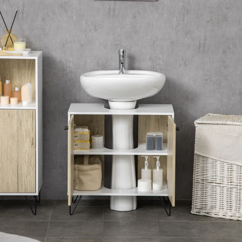 kleankin Móvel para Lavatório Pousar de Madeira com 2 Portas Prateleira e Pés de Aço 60x30x60cm Carvalho e Branco