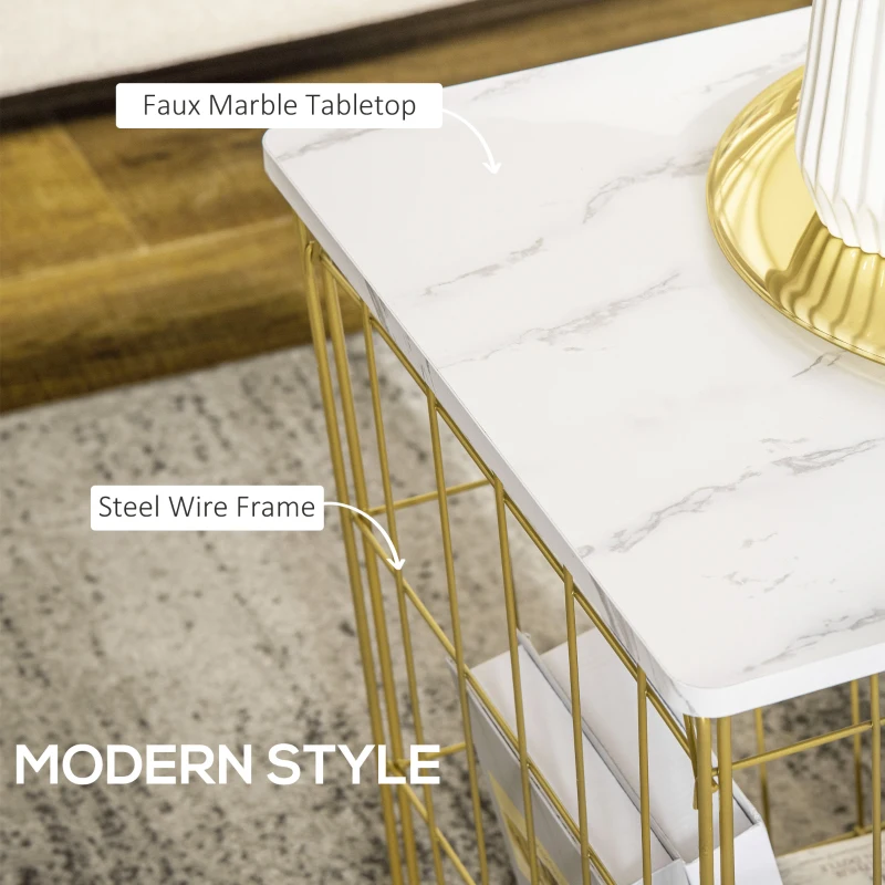 HOMCOM Nest of Tables, End Tables Set of 2 with Faux Marble Top and Wire Metal Frame, Nesting Coffee Tables for Living Room, White and Gold