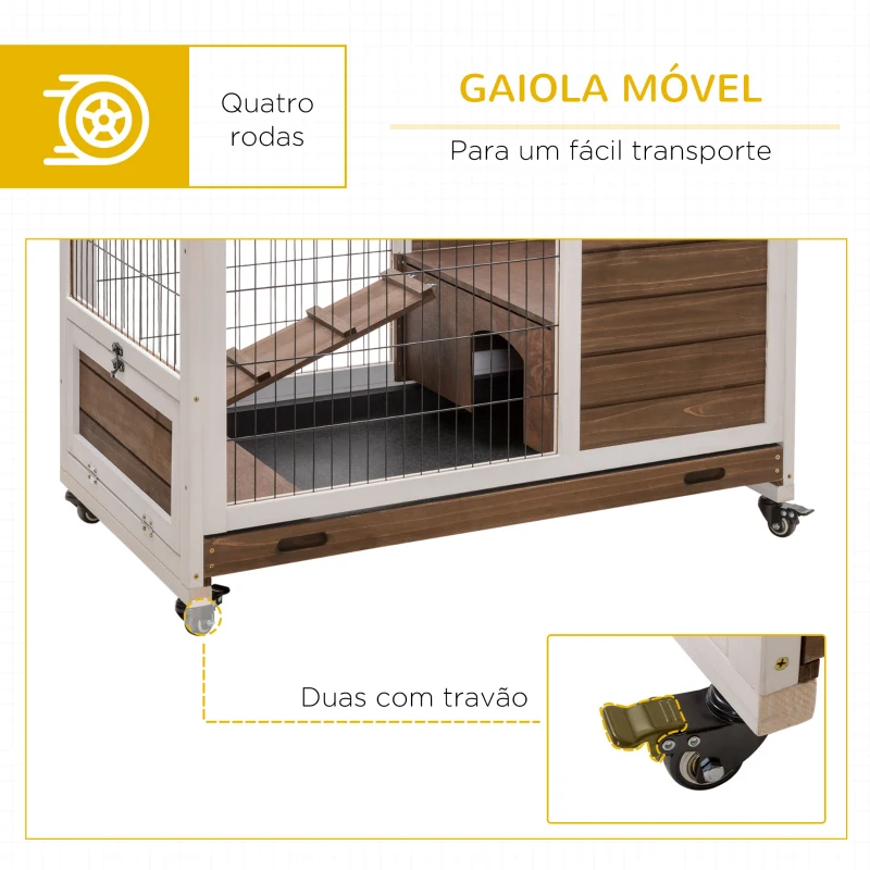 PawHut Coelheira de Madeira Gaiola de para Pequenos Animais Portátil com Teto Abatível Rampa Bandeja Removível 90x53x59cm Marrom