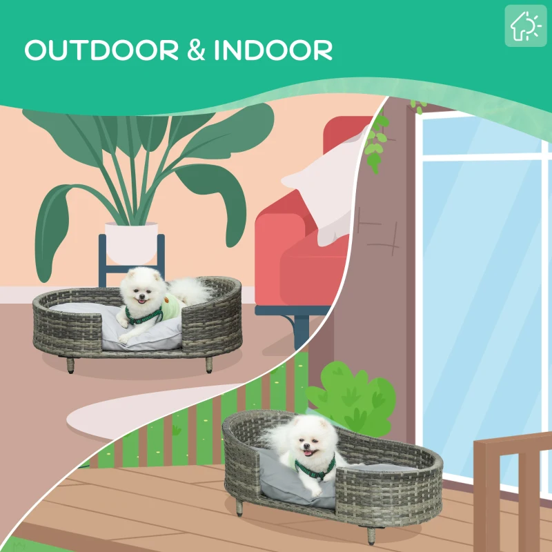 PawHut Wicker Dog Sofa with Soft Water-resistant Cushion, Rattan Cat Bed Raised Pet Bed Hand Woven with Washable Cover Indoor Outdoor Use, for Medium and Small Sized Dogs