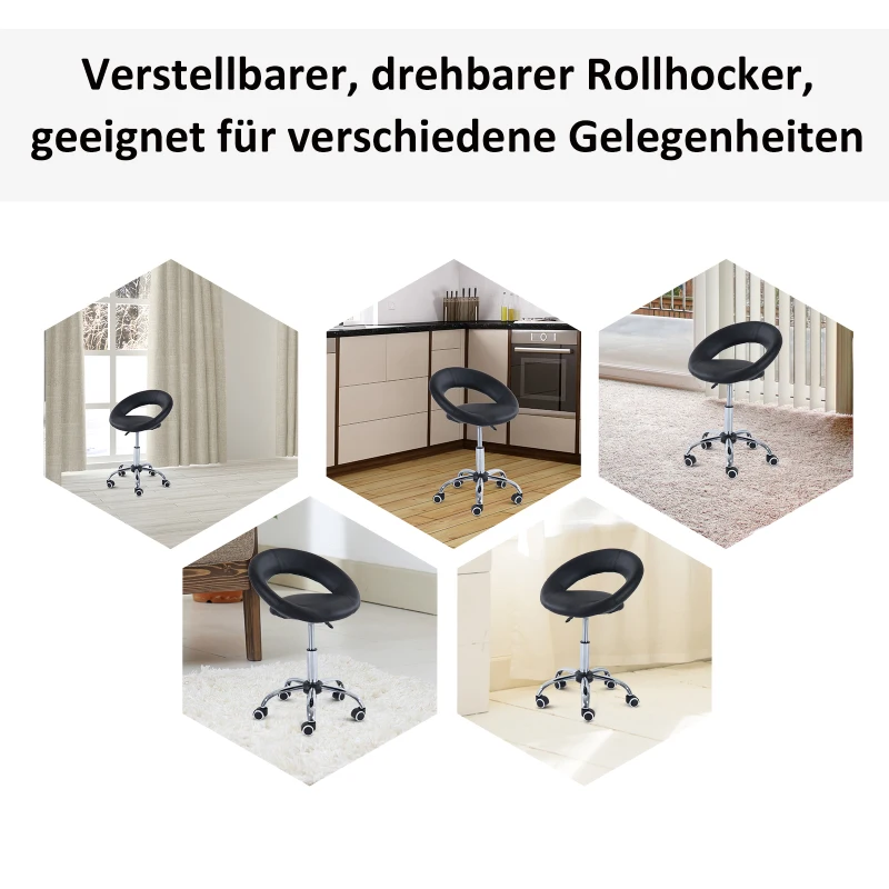 HOMCOM® werkkruk rolkruk in hoogte verstelbaar draaibare kruk bureaustoel in hoogte verstelbaar, PU + metaal, zwart, 50 x 54 x (66-78) cm