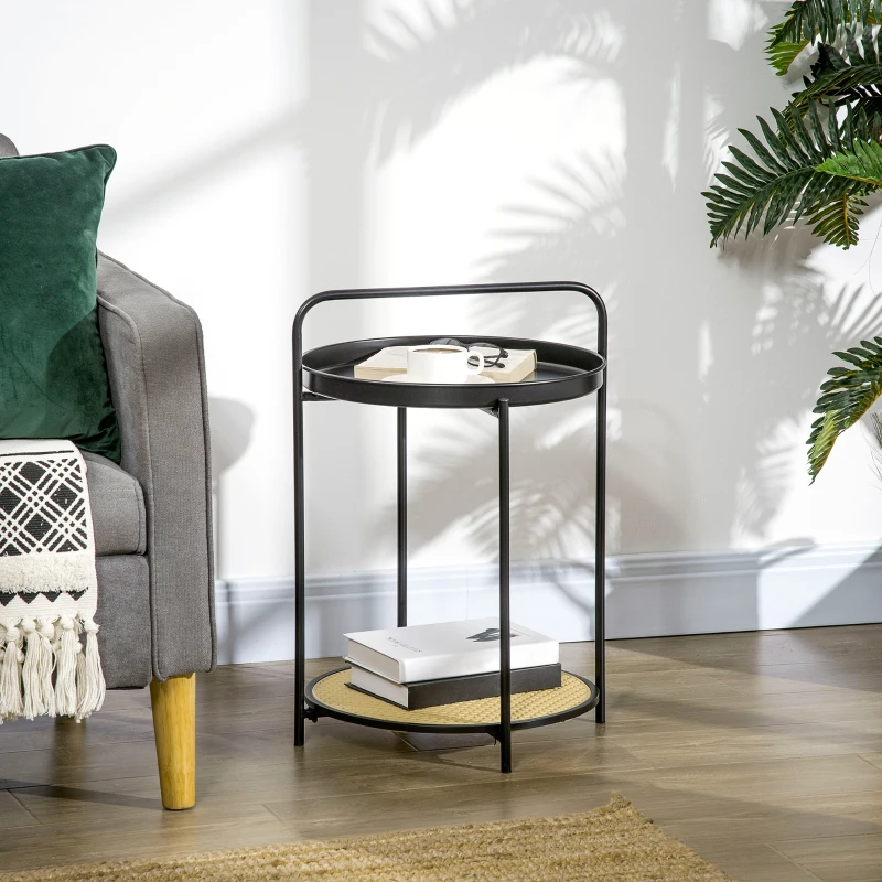 HOMCOM Round End Table, 2-Tier Side Table with Removable Tray, Rattan Top and Metal Frame, Bedside Table for Living Room, Bedroom, Black