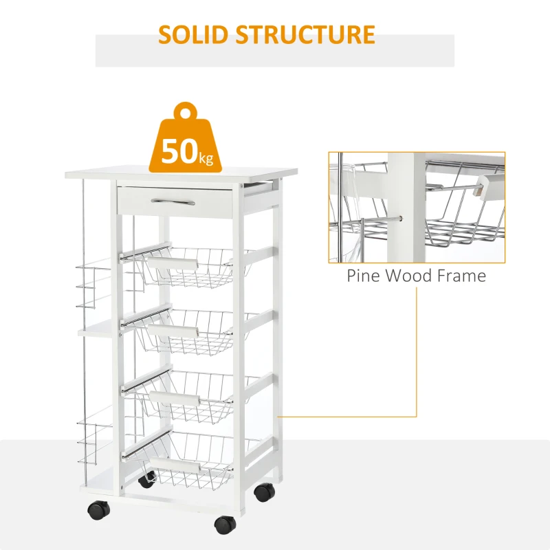 HOMCOM Rolling Kitchen Cart, Utility Storage Cart with 4 Basket Drawers & Side Racks, Wheels for Dining Room, White
