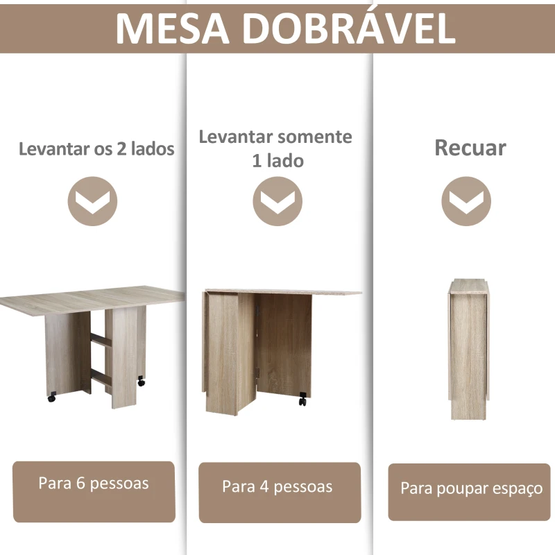 HOMCOM Mesa de Sala de Jantar Dobrável de Madeira com 2 Prateleiras de Armazenamento e Rodas para Cozinha 80x140x74 cm Madeira