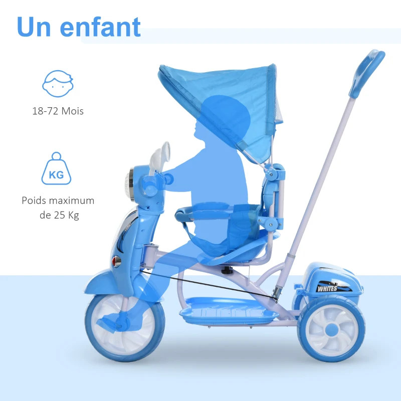 HOMCOM Tricycle Enfants évolutif Canne, Pare-Soleil Pliable Amovible Effets Lumineux sonores métal Blanc PP Polyester Bleu