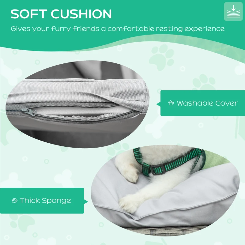 PawHut Wicker Dog Sofa with Soft Water-resistant Cushion, Rattan Cat Bed Raised Pet Bed Hand Woven with Washable Cover Indoor Outdoor Use, for Medium and Small Sized Dogs