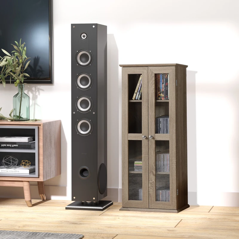 HOMCOM 100CD Media Cabinet with Glass Doors, 4-Tier CD Storage Unit, Modern Bookcase with Magnetic Design for Study, Brown