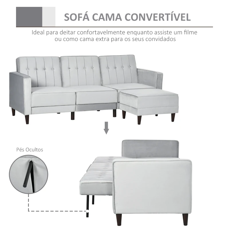 HOMCOM Sofá Cama com Chaise Longue 3 Lugares Tato Aveludado com Encosto Ajustável e Apoio para os Pés 218x85x86cm Cinza