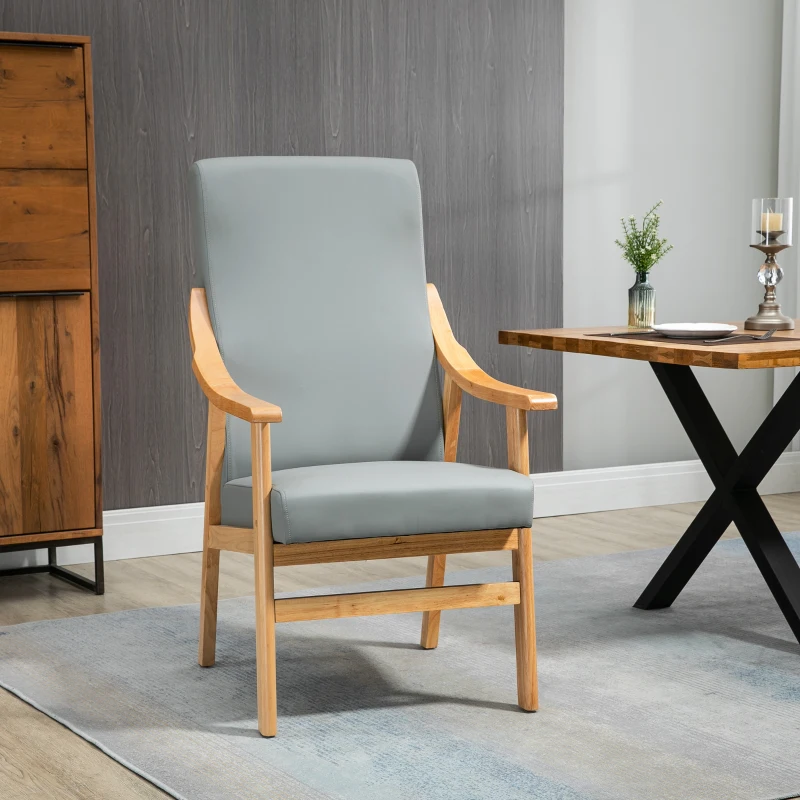 HOMCOM Poltrona de Estilo Nórdico com Encosto Alto Estofada em PU com Apoio para os Braços e Estrutura de Madeira 62x75x115cm Cinza e Madeira