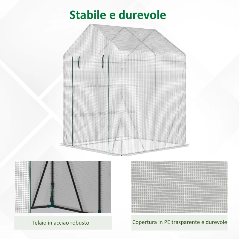 Outsunny Serra da Giardino per Esterni in Acciaio e PE con 2 Scaffali e Porta Avvolgibile, 143x143x195 cm, Bianco