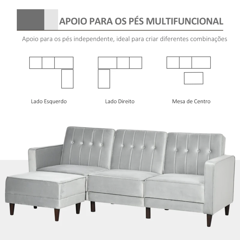 HOMCOM Sofá Cama com Chaise Longue 3 Lugares Tato Aveludado com Encosto Ajustável e Apoio para os Pés 218x85x86cm Cinza