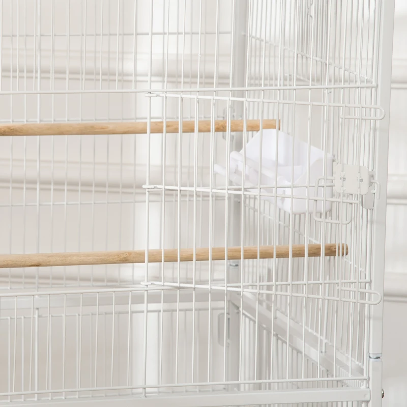 PawHut Gaiola para Pássaros com Rodas Bandeja Amovível 4 Portas Comedouros e Prateleira de Armazenamento 78x52x132cm Branco
